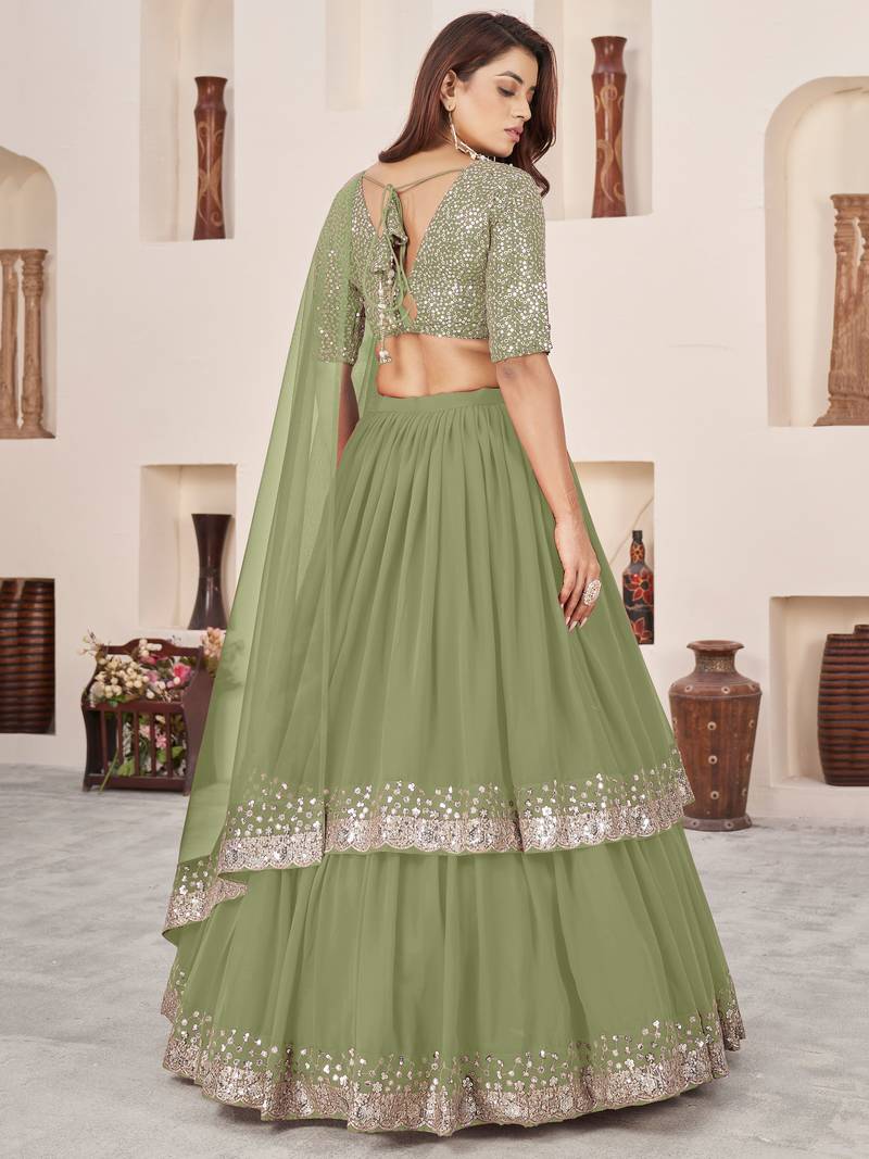 Wonderful Olive Sequins Georgette Wedding Wear Lehenga Choli