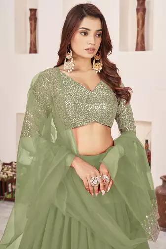 Wonderful Olive Sequins Georgette Wedding Wear Lehenga Choli