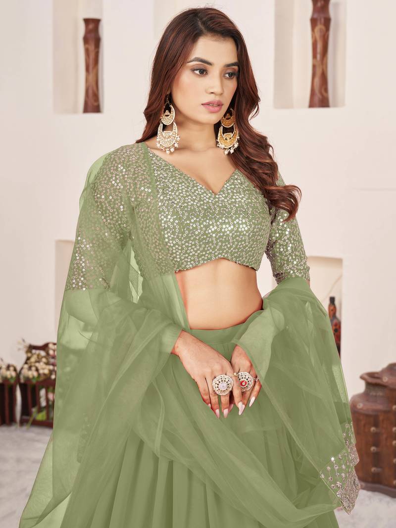 Wonderful Olive Sequins Georgette Wedding Wear Lehenga Choli