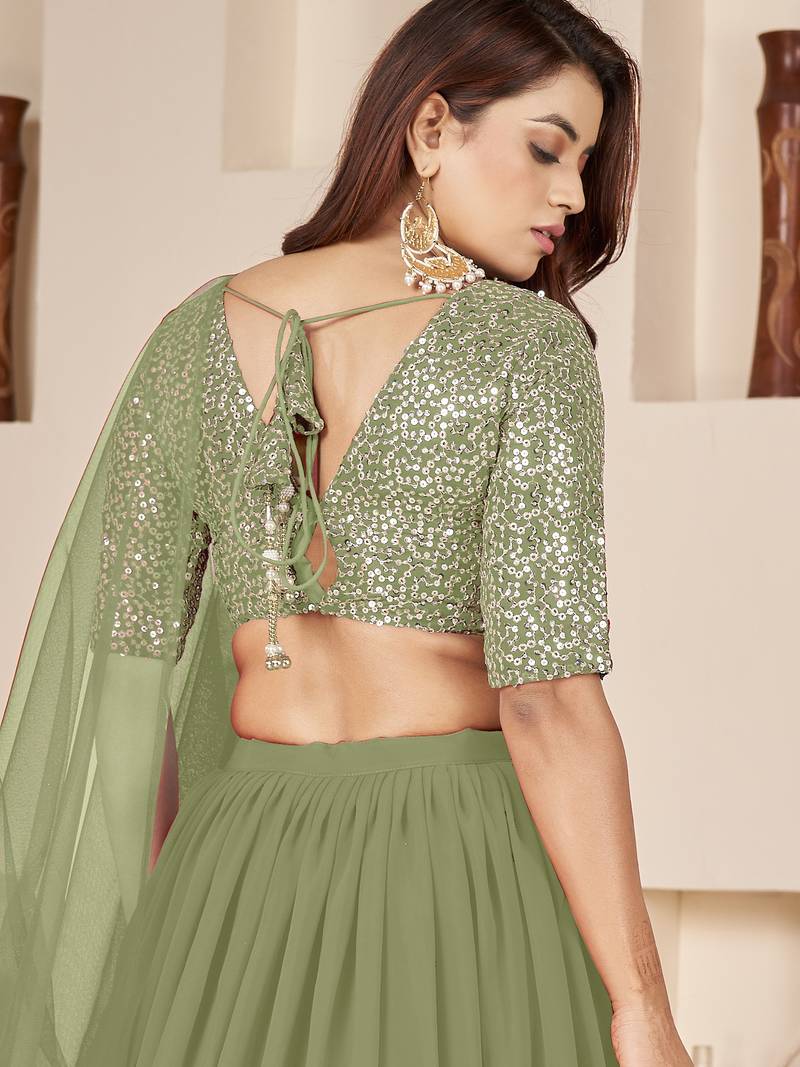 Wonderful Olive Sequins Georgette Wedding Wear Lehenga Choli