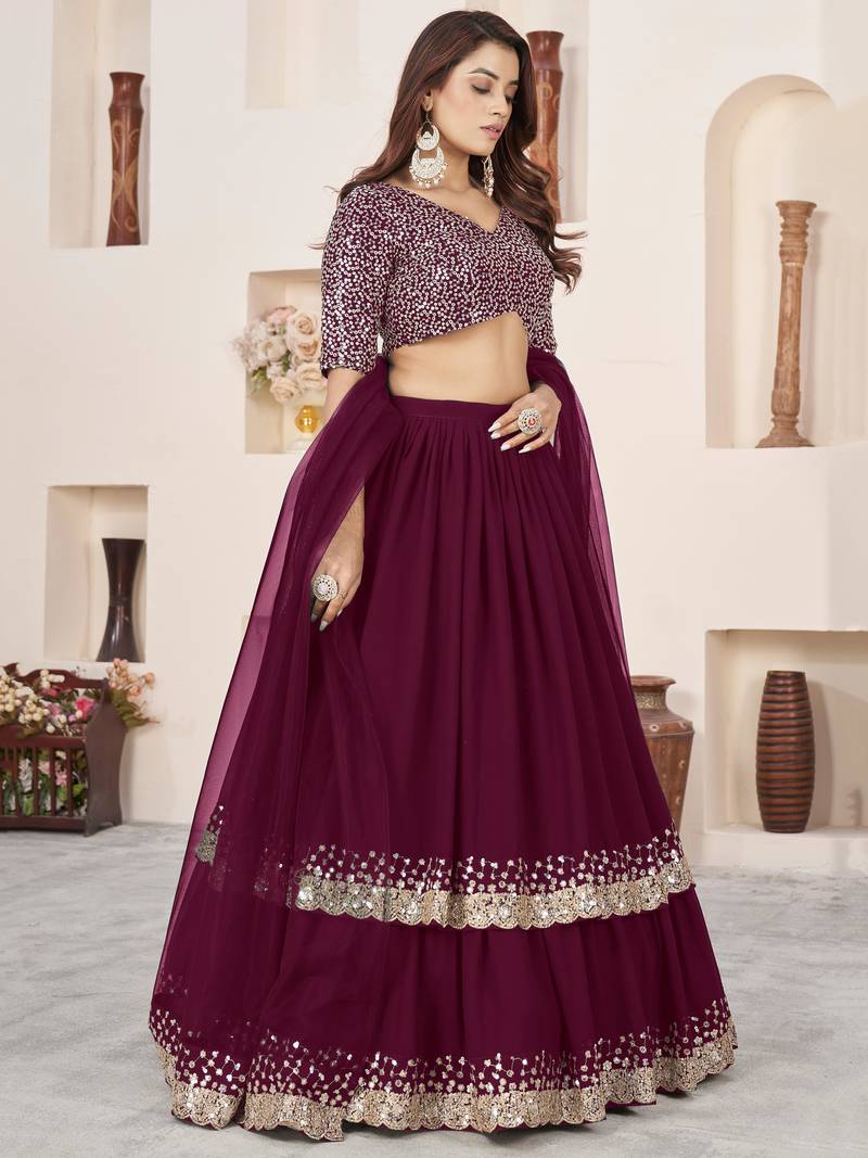 Beautiful Purple Sequins Georgette Engagement Wear Lehenga Choli