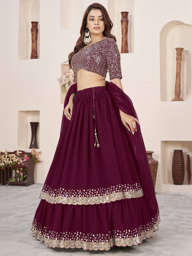 Beautiful Purple Sequins Georgette Engagement Wear Lehenga Choli
