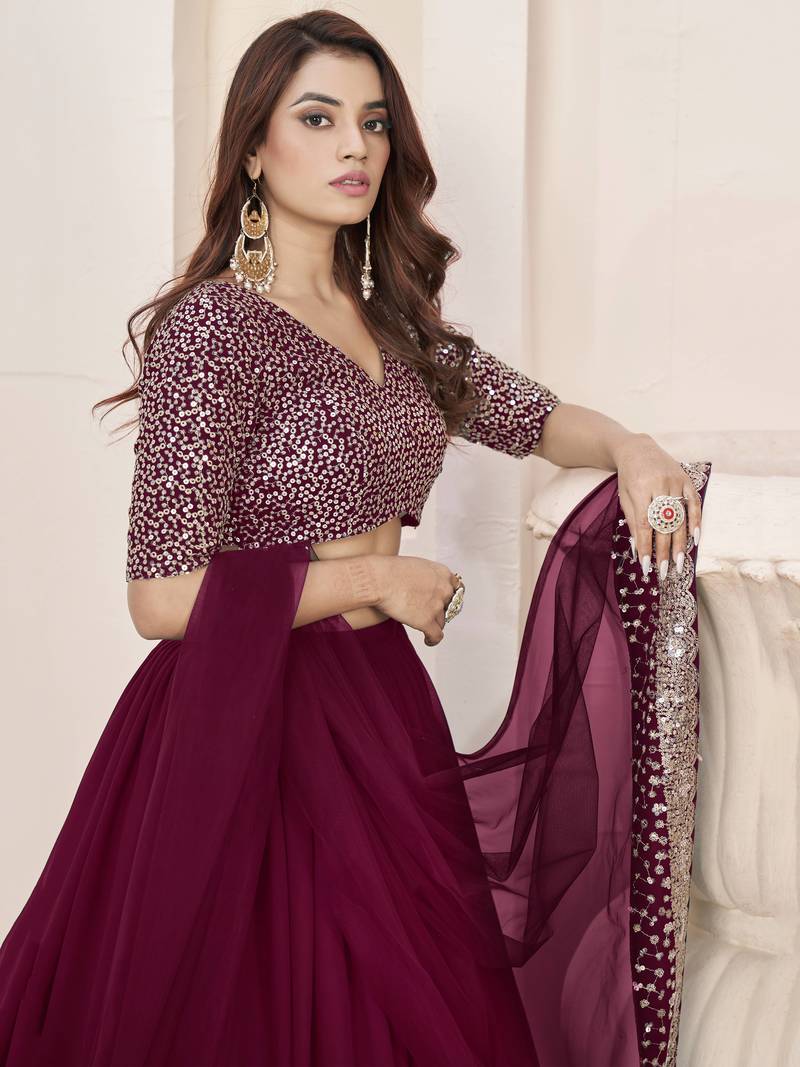 Beautiful Purple Sequins Georgette Engagement Wear Lehenga Choli