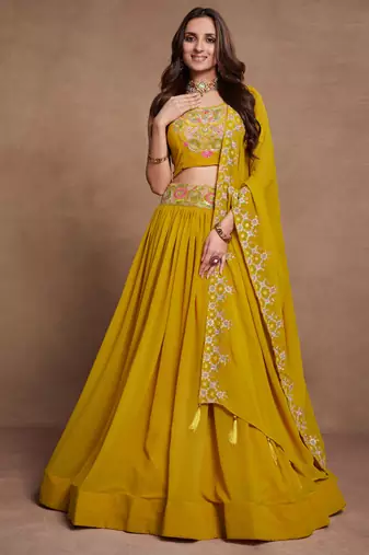 Yellow Sequined Embroidered work Faux Georgette Fabric Flared Lehenga Choli with Dupatta.