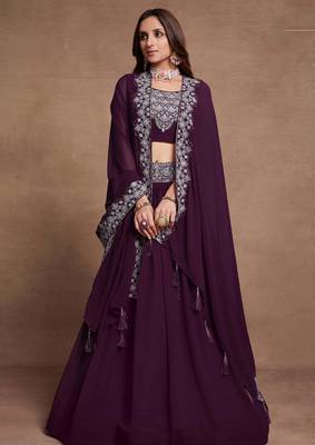 Purple Sequined Embroidered work Faux Georgette Fabric Flared Lehenga Choli with Dupatta. 1
