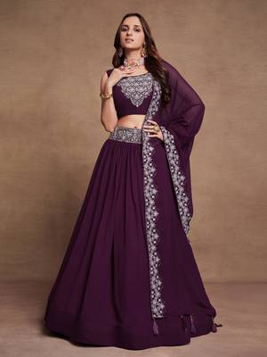 Purple Sequined Embroidered work Faux Georgette Fabric Flared Lehenga Choli with Dupatta. 2