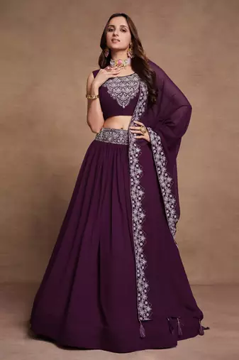 Purple Sequined Embroidered work Faux Georgette Fabric Flared Lehenga Choli with Dupatta.