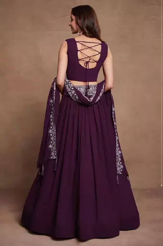 Purple Sequined Embroidered work Faux Georgette Fabric Flared Lehenga Choli with Dupatta.