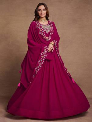 Pink Sequined Embroidered work Faux Georgette Fabric Flared Lehenga Choli with Dupatta. 1