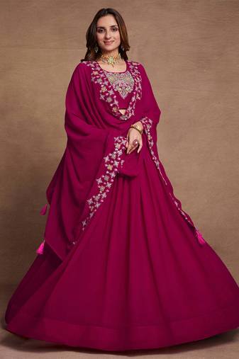 Pink Sequined Embroidered work Faux Georgette Fabric Flared Lehenga Choli with Dupatta.