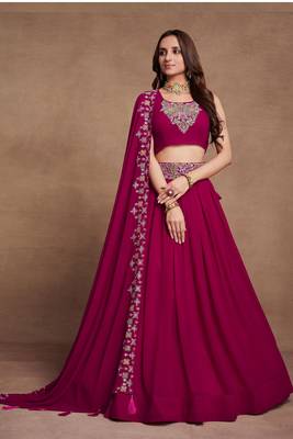 Pink Sequined Embroidered work Faux Georgette Fabric Flared Lehenga Choli with Dupatta. 2