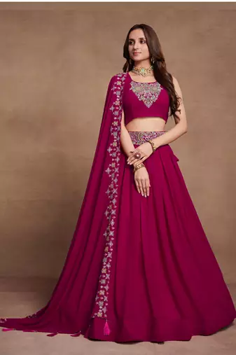 Pink Sequined Embroidered work Faux Georgette Fabric Flared Lehenga Choli with Dupatta.