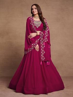 Pink Sequined Embroidered work Faux Georgette Fabric Flared Lehenga Choli with Dupatta. 3