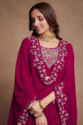 Pink Sequined Embroidered work Faux Georgette Fabric Flared Lehenga Choli with Dupatta. 4