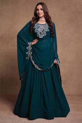 Firozi Sequined Embroidered work Faux Georgette Fabric Flared Lehenga Choli with Dupatta. 2