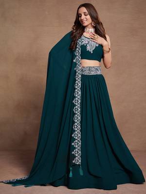 Firozi Sequined Embroidered work Faux Georgette Fabric Flared Lehenga Choli with Dupatta. 1