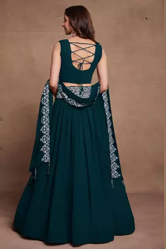 Firozi Sequined Embroidered work Faux Georgette Fabric Flared Lehenga Choli with Dupatta.