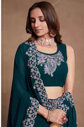 Firozi Sequined Embroidered work Faux Georgette Fabric Flared Lehenga Choli with Dupatta.