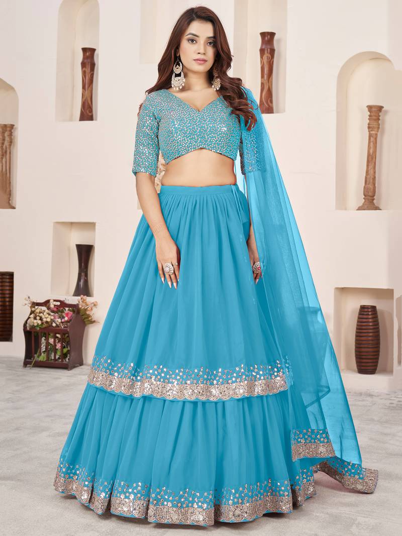 Astonishing SkyBlue Sequins Georgette Engagement Wear Lehenga Choli