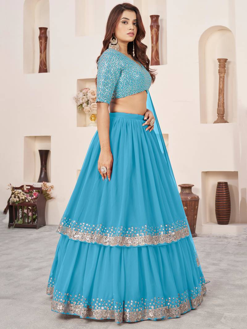 Astonishing SkyBlue Sequins Georgette Engagement Wear Lehenga Choli