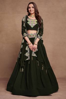 DarkGreen Sequined Embroidered work Faux Georgette Fabric Flared Lehenga Choli with Dupatta. 1