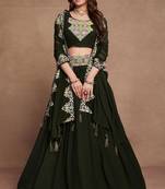 DarkGreen Sequined Embroidered work Faux Georgette Fabric Flared Lehenga Choli with Dupatta.