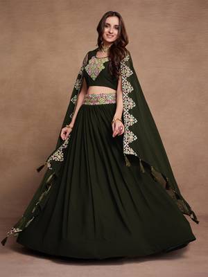 DarkGreen Sequined Embroidered work Faux Georgette Fabric Flared Lehenga Choli with Dupatta. 2