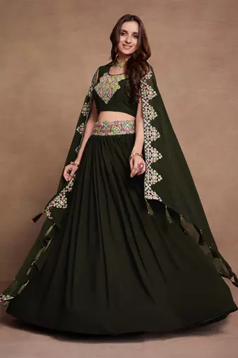 DarkGreen Sequined Embroidered work Faux Georgette Fabric Flared Lehenga Choli with Dupatta.