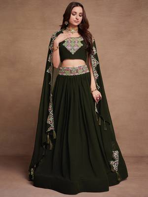 DarkGreen Sequined Embroidered work Faux Georgette Fabric Flared Lehenga Choli with Dupatta. 3