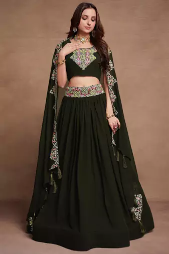 DarkGreen Sequined Embroidered work Faux Georgette Fabric Flared Lehenga Choli with Dupatta.