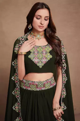 DarkGreen Sequined Embroidered work Faux Georgette Fabric Flared Lehenga Choli with Dupatta.