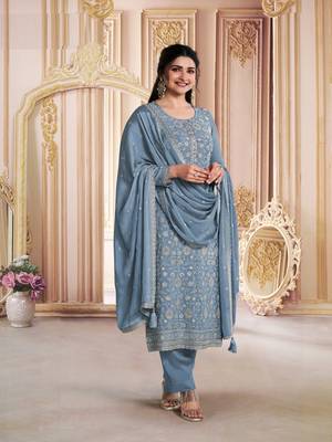 Grey embroidered chinon silk blend salwar suit 1