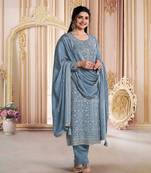 Grey embroidered chinon silk semi-salwar suit