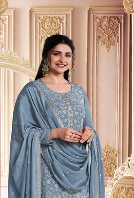 Grey embroidered chinon silk blend salwar suit 2