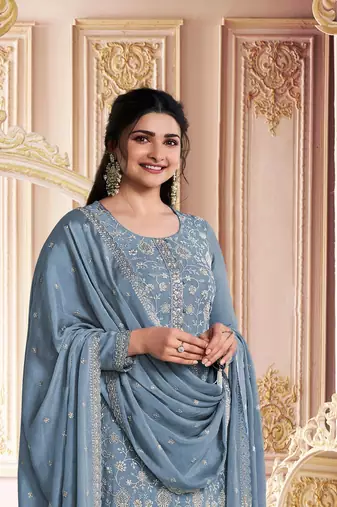 Grey embroidered chinon silk blend salwar suit