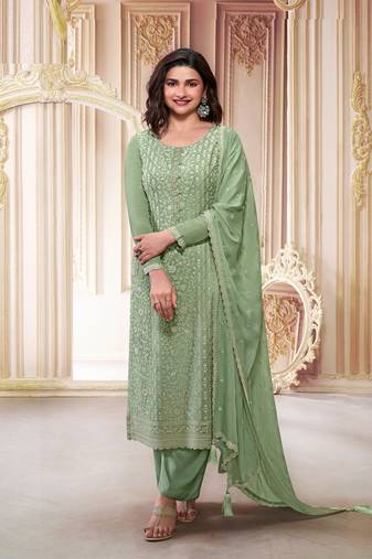 Green embroidered chinon silk semi-salwar suit