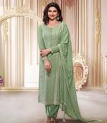 Green embroidered chinon silk semi-salwar suit
