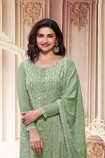 Green embroidered chinon silk blend salwar suit
