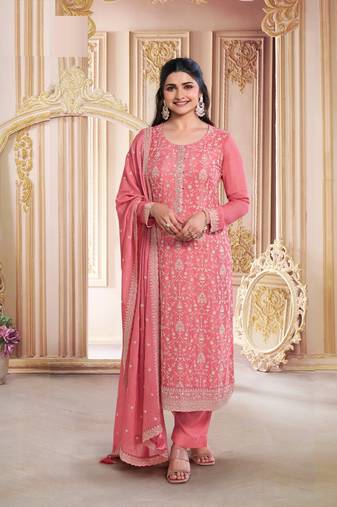 Orange embroidered chinon silk semi-salwar suit