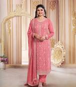 Orange embroidered chinon silk semi-salwar suit