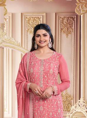 Orange embroidered chinon silk blend salwar suit 2