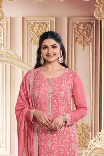 Orange embroidered chinon silk blend salwar suit