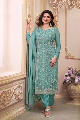 Sky embroidered chinon silk semi-stitched salwar suit