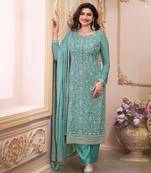 Sky embroidered chinon silk semi-stitched salwar suit