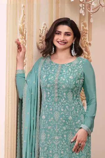 Sky embroidered chinon silk stitched salwar suit