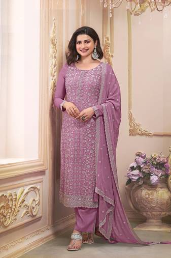 Purple embroidered chinon silk semi-salwar suit