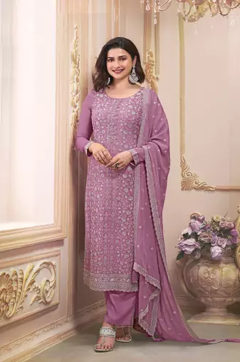 Purple embroidered chinon silk semi-salwar suit