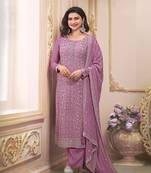 Purple embroidered chinon silk semi-salwar suit