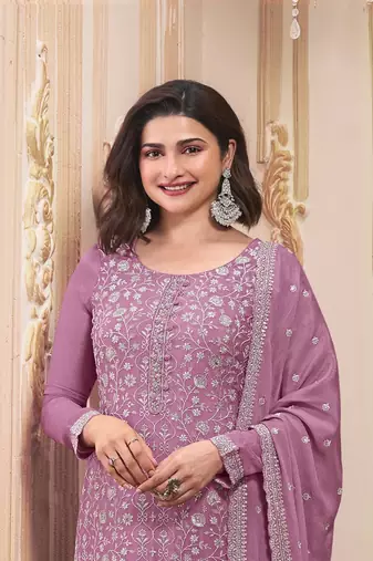 Purple embroidered chinon silk blend salwar suit