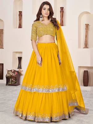 yellow sequins georgette lehenga set choli with dupatta 1
